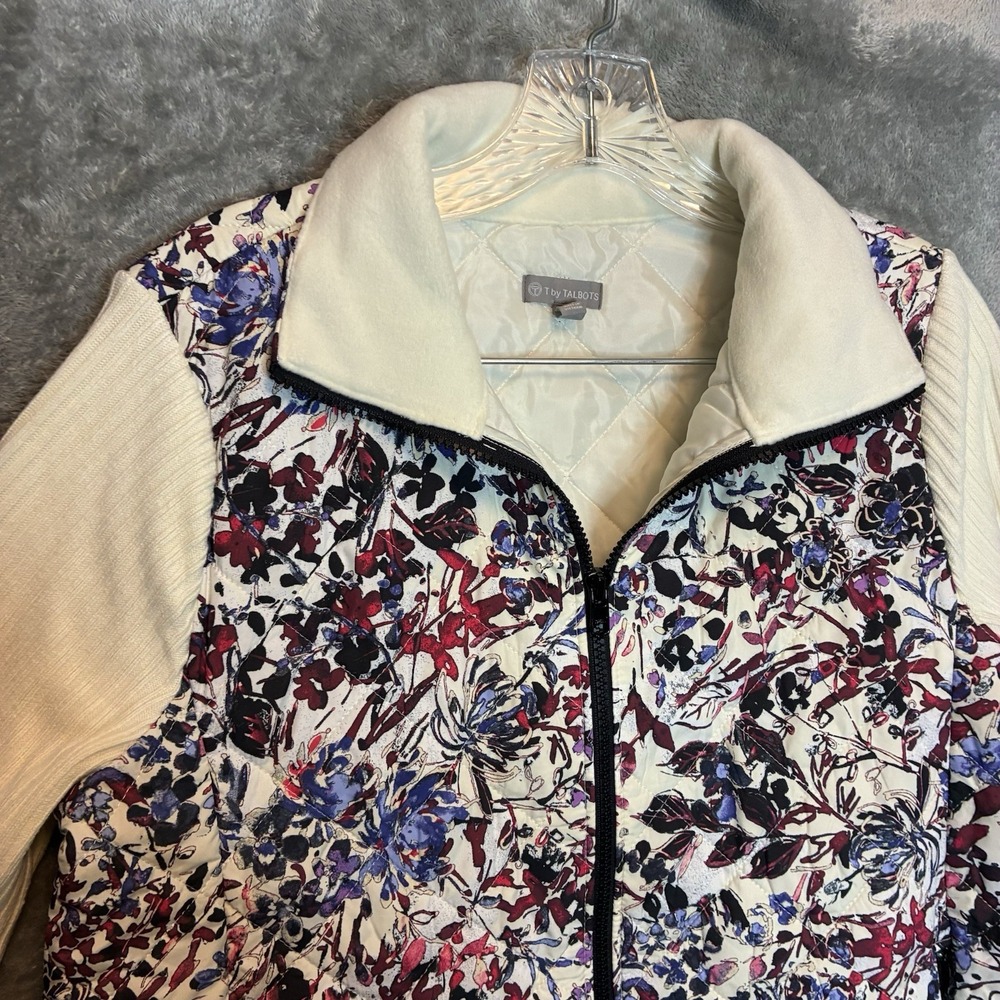 T by Talbots Women Quilted Mixed Media Jacket XS Full Zip Watercolor Garden